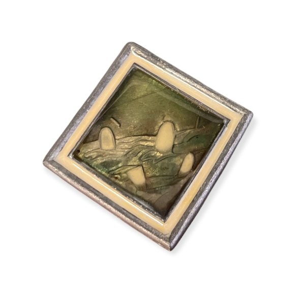 Vintage Deco Era Metal Enamel Overlay Brooch Pin, square diamond shape abstract - Picture 1 of 3